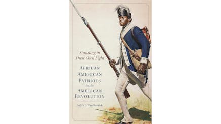 This image depicts the Standing in Their Own Light book cover by Judith Van Buskirk. The image is a painting of a person of African Descent in military clothing. He his wearing a blue jacket and carrying a rifle pointed upward in his right hand. His right leg is bent, giving the illusion that he is walking on a field.