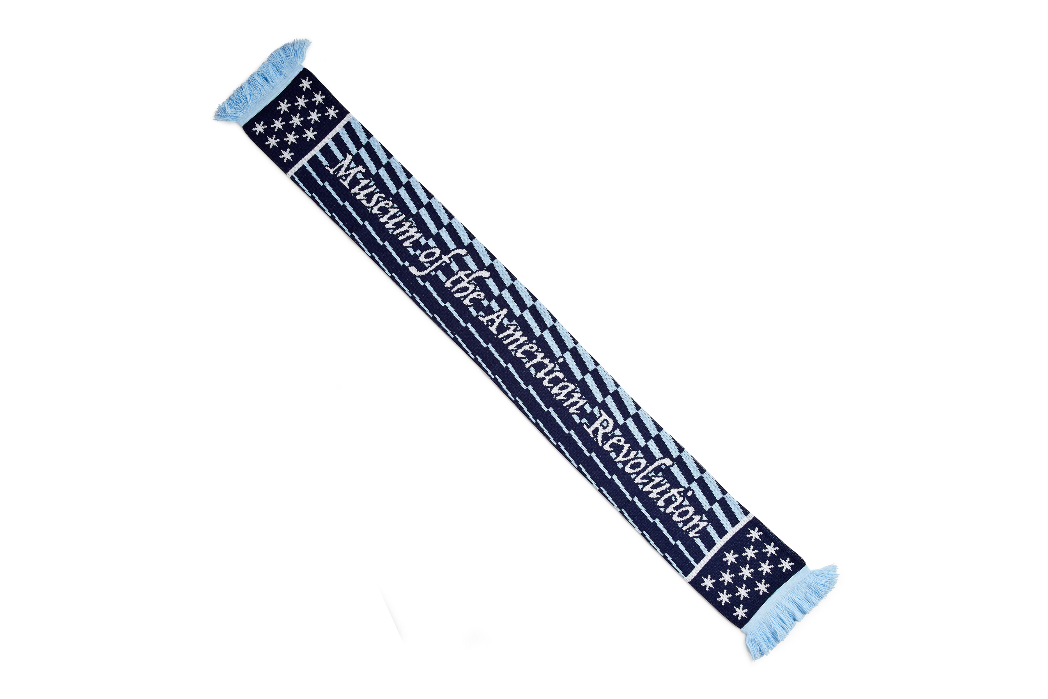 A blue-and-white soccer scarf with stars that says Museum of the American Revolution