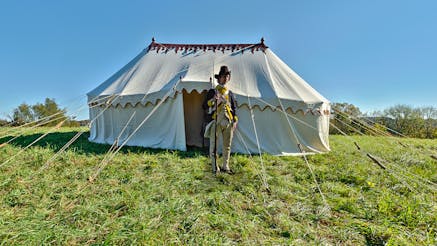 Washington's Field Headquarters featuring the Sleeping Marque tent and a soldier guarding it