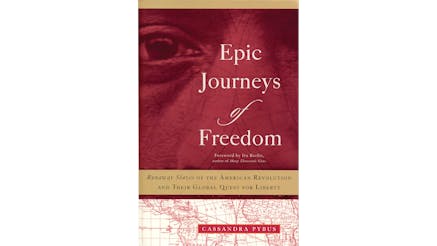 This image depicts the book cover of Epic Journeys of Freedom: Runaway Slaves of the American Revolution and their Global Quest for Liberty. The bottom of the book covers is a map of the world in red. The top of the book cover is an image of a man’s right eye and his nose. Behind his face is the extension of the map from the bottom.