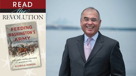 Ricardo Herrera headshot to the left of the book cover for his book Feeding Washington's Army.