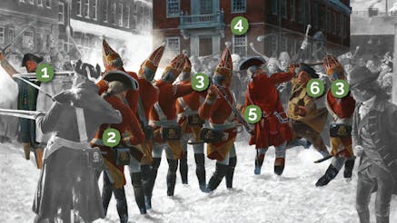 A version of Don Troiani's painting of the Boston Massacre with numbered hotpots to highlight different parts of the scene.