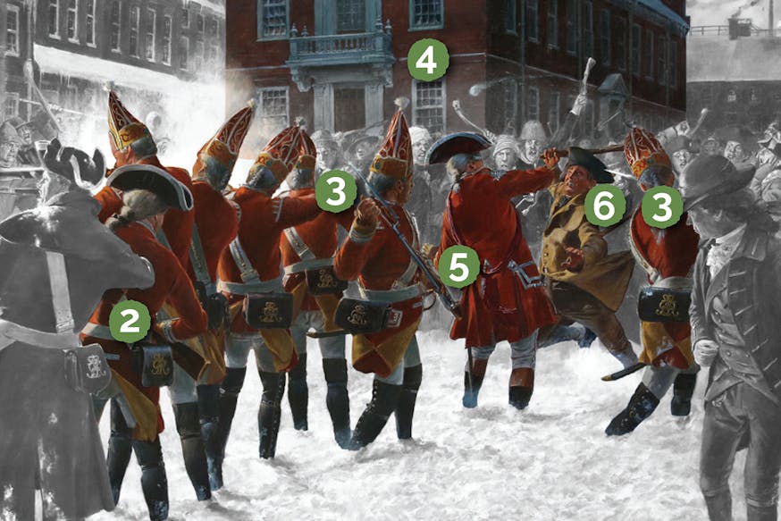 A version of Don Troiani's painting of the Boston Massacre with numbered hotpots to highlight different parts of the scene.
