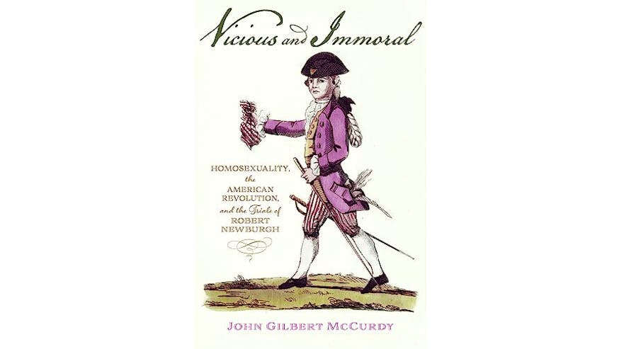 Book cover for Vicious and Immoral featuring the title in a script font at the top, a depiction of Robert Newburgh wearing a purple waistcoat, purple pants, and a tri-corner hat, then the author's name at the bottom.