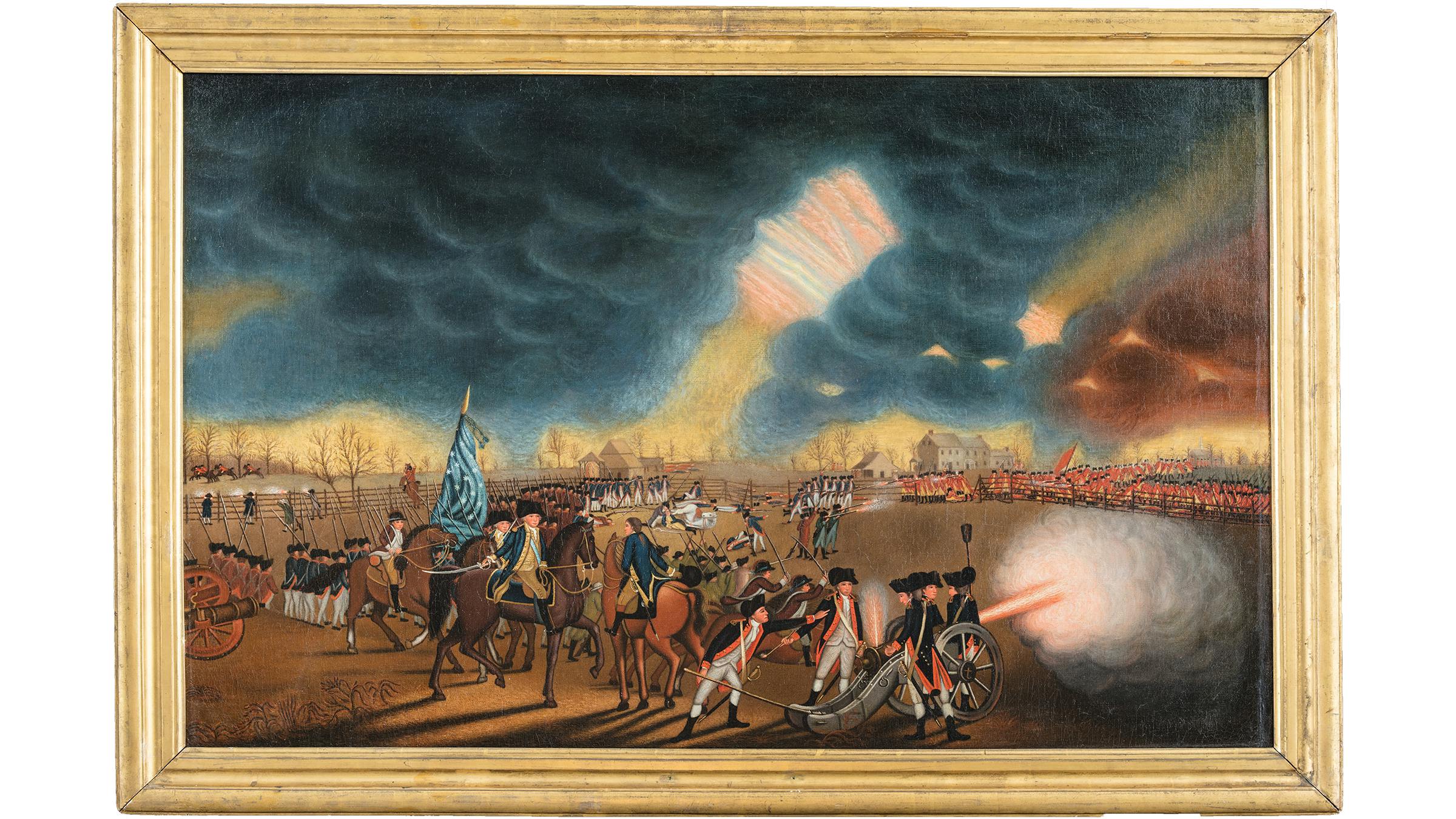 This image shows a painting of the Battle of Princeton done by Charles Willson Peale and William Mercer.