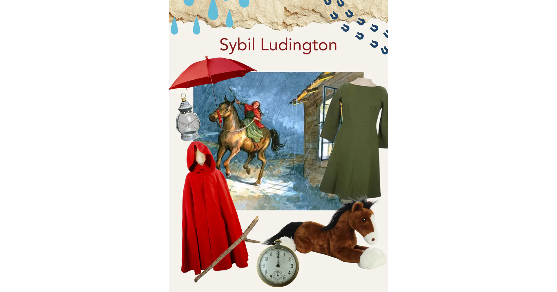 A graphic with the header Sybil Ludington, and various clothing and props arranged around a painting of a woman on a horse