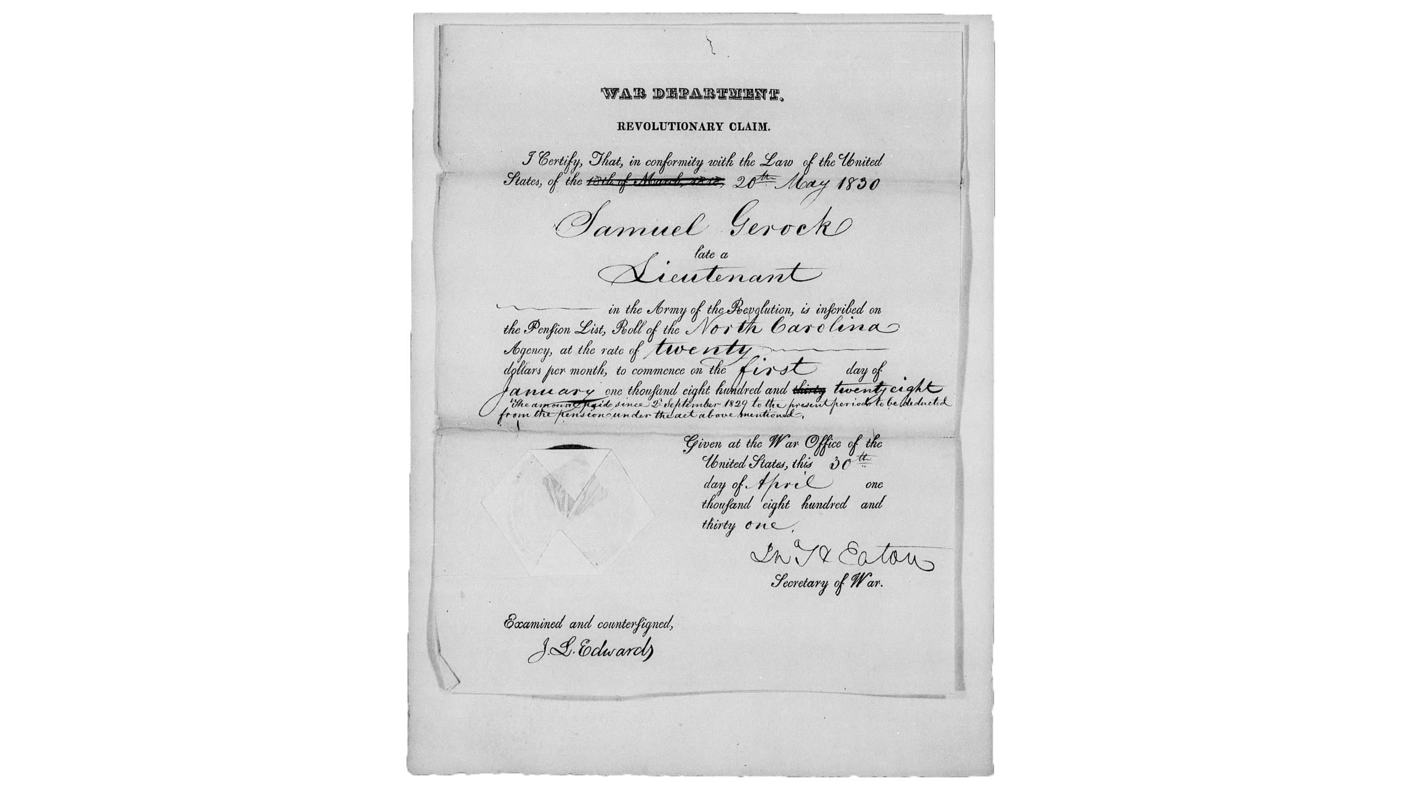 This image shows Samuel Gerock's official pension document.