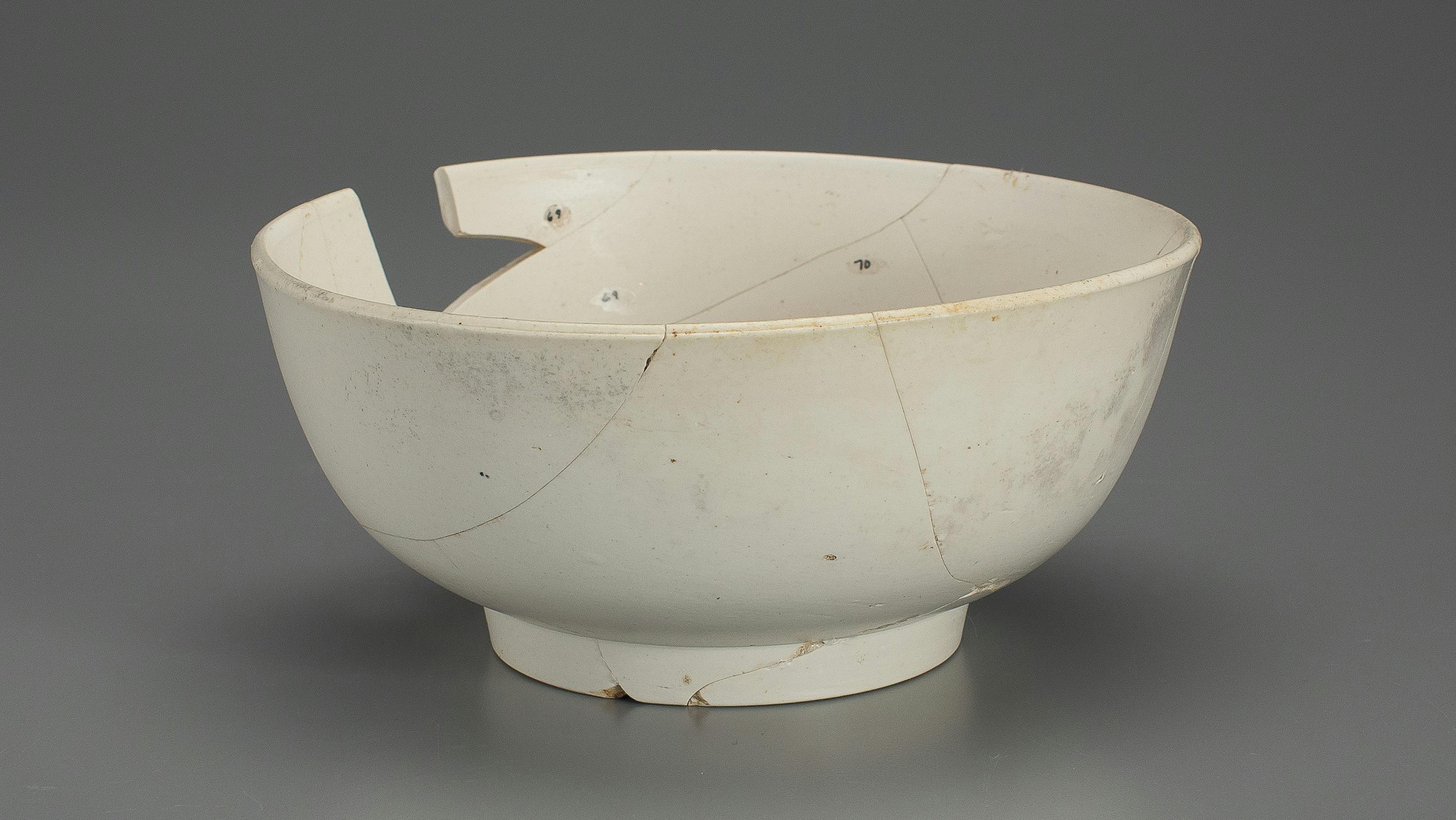 This image shows a Philadelphia Porcelain Punch Bowl. The bowl is slightly broken and was found during an archaeological excavation during the Museum’s construction.