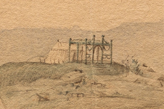 A zoomed in section of Verplanck's Point featuring General Washington’s tent perched on a hill overlooking the encampment