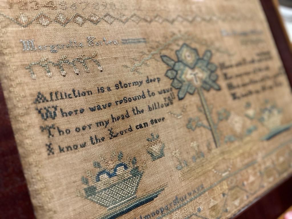 Margaretta Forten Sampler on display in Black Founders exhibit.