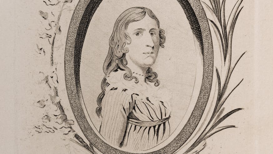 Printed black and white portrait of Deborah Sampson surrounded by military and patriotic symbols