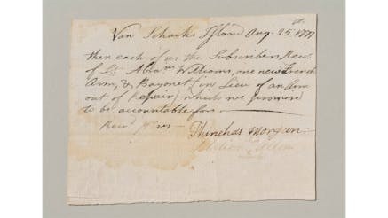 This browning fading piece of paper is a reciept for the purchase of muskets from France during the Revolutionary War.