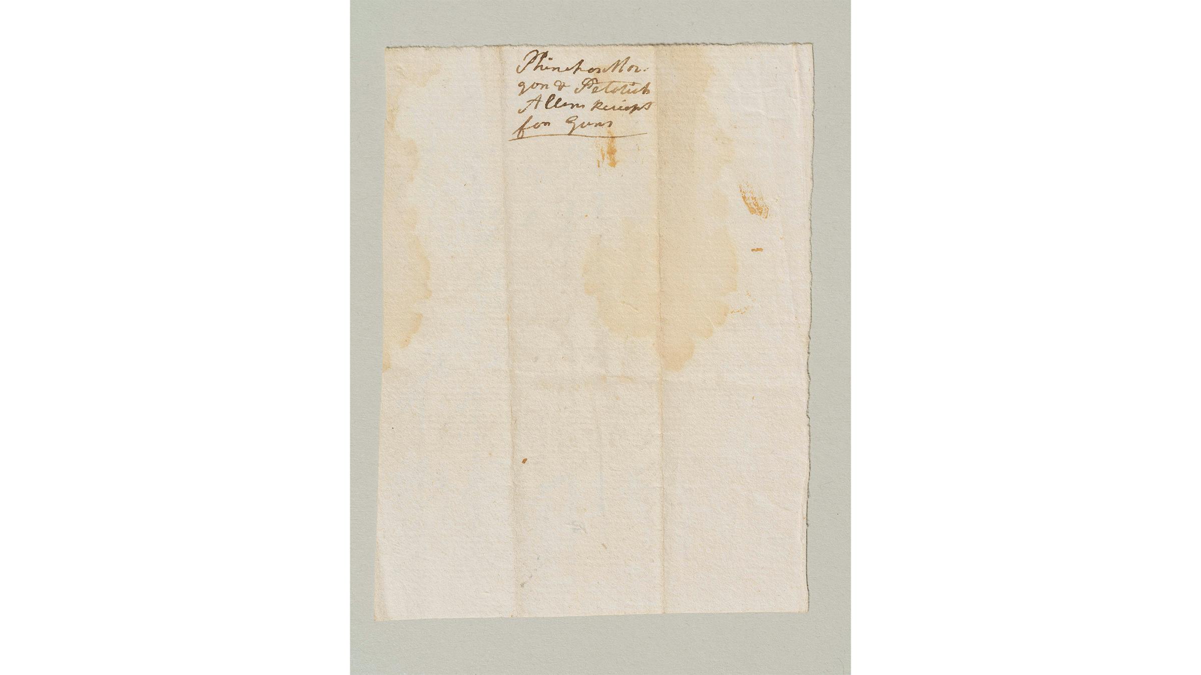 This browning fading piece of paper is a reciept for the purchase of muskets from France during the Revolutionary War.