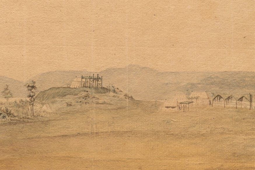 A zoomed in section of Verplanck's Point featuring General Washington’s tent perched on a hill overlooking the encampment