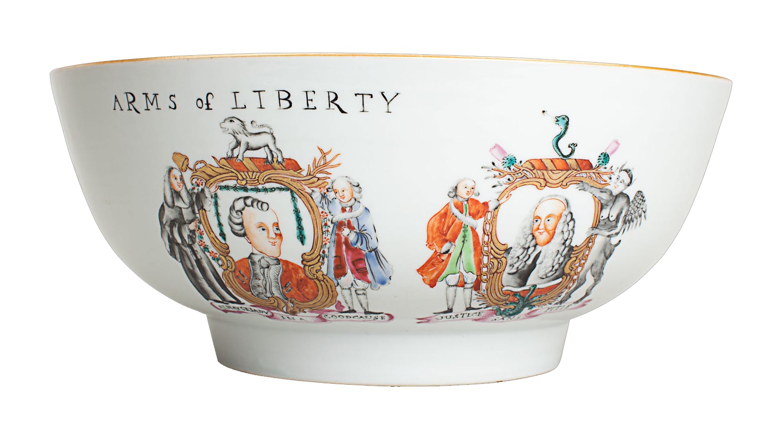 Front view of white bowl featuring imagery of men, animals, flowers, and geometric designs on the inside and outside. The words "Arms of Liberty" appear above one grouping of men on the bowl's exterior.