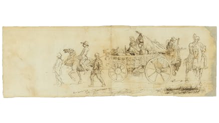 This rare eyewitness Revolutionary War sketch depicts pen and ink drawings of the Continental Army's North Carolina Brigade and female camp followers marching through Philadelphia in August 1777.