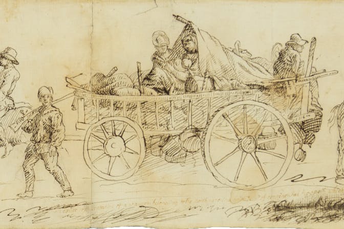 This rare eyewitness Revolutionary War sketch depicts pen and ink drawings of the Continental Army's North Carolina Brigade and female camp followers marching through Philadelphia in August 1777.