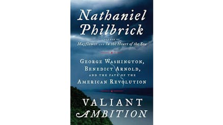 This image depicts the book cover of Valiant Ambition: George Washington, Benedict Arnold, and the Fate of the American Revolution by Nathaniel Philbrick. The image is of a stormy sky with a bolt of lightning. There is a body of water separating two bodies of land.
