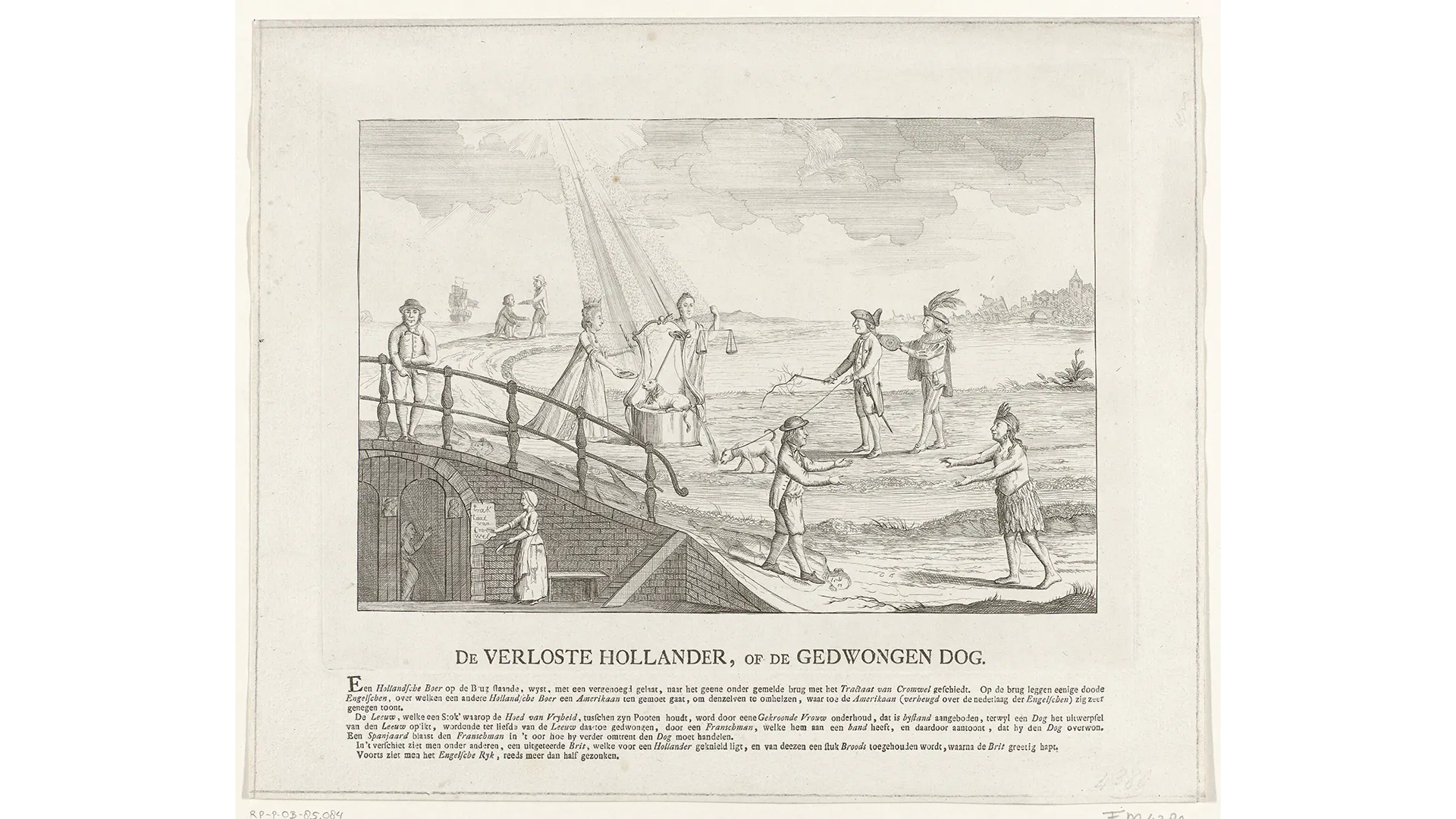 A black and white political cartoon with people above and below a bridge, with printed Dutch text underneath