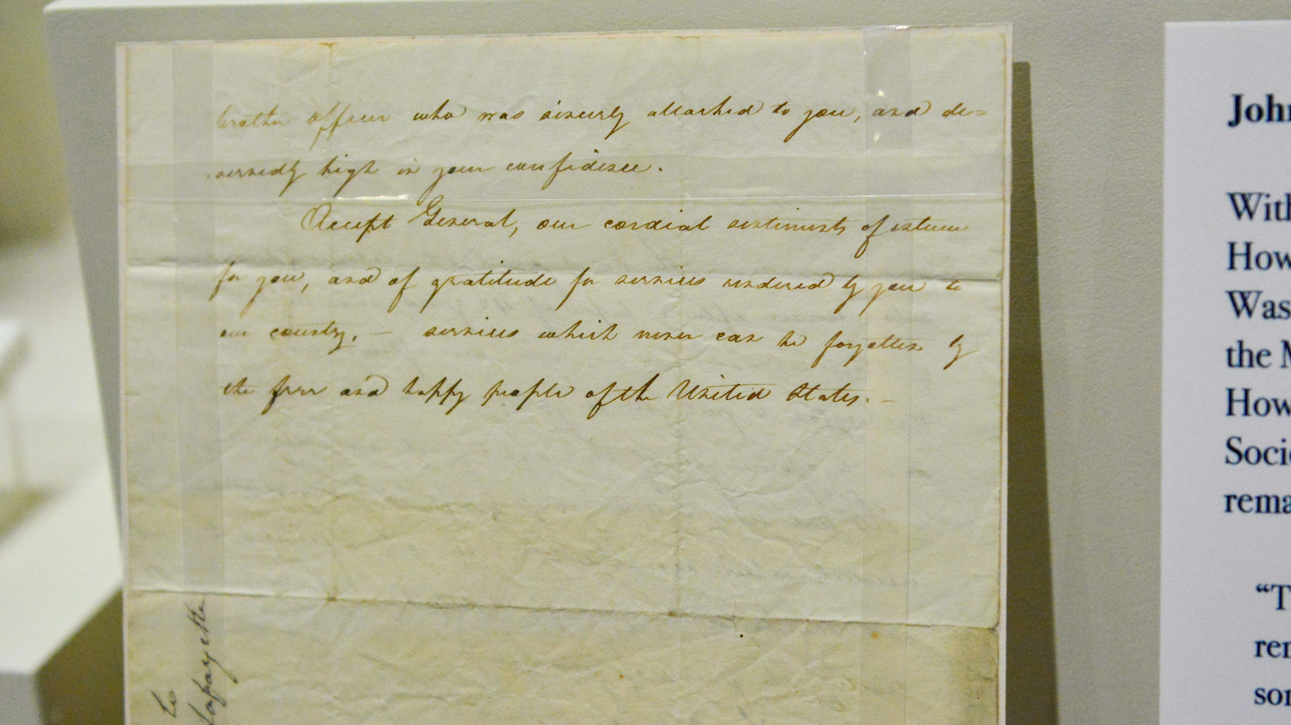 Revolutionary War veteran John Eager Howard wrote down his remarks that he read aloud in Washington's tent during Lafayette's visit to Fort McHenry in Baltimore.