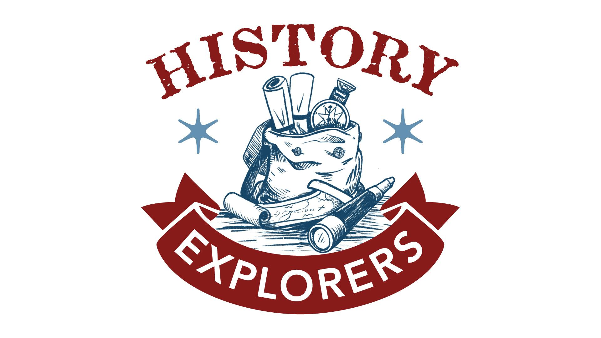 A red and white designed logo saying History Explorers