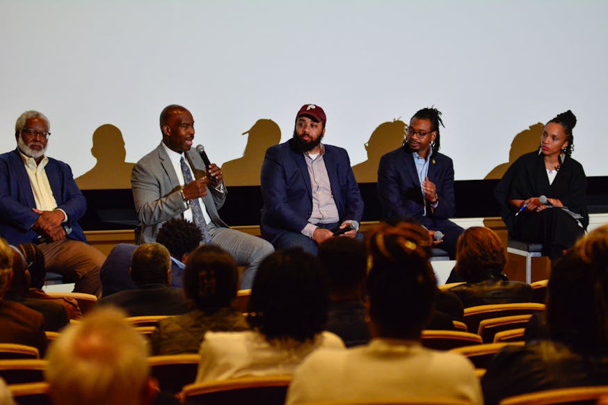 From left to right, Stephen Bradley, Derek Green, Kurt Evans, Jason Coles, and Nia Eubanks sit on a panel about Black entrepreneurship in Philadelphia.