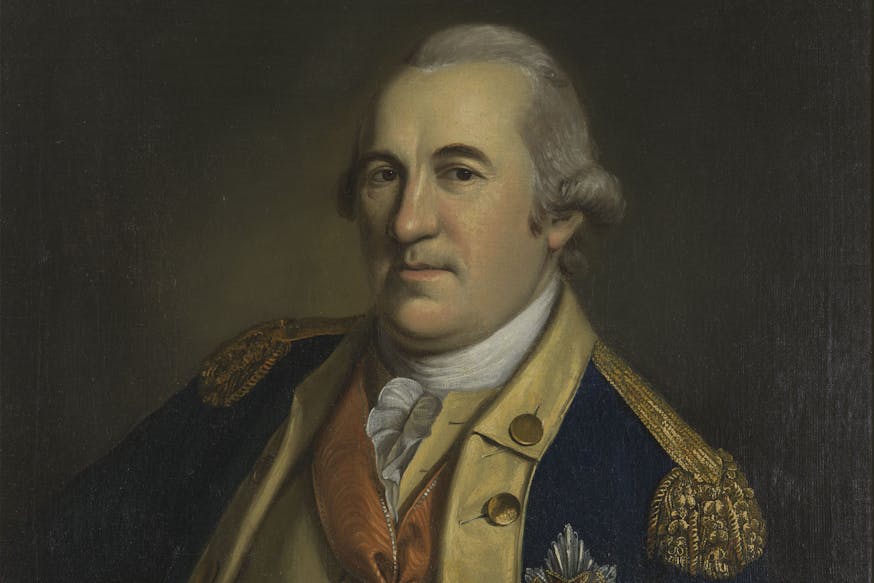 Portrait of Baron von Steuben in his military officer blue uniform with gold trim painted by Charles Willson Peale.
