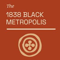 Logo for 1838 Black Metropolic with the font in beige over an auburn burnt orange square.