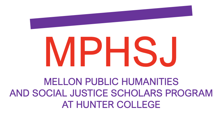 Logo for Mellon Public Humanities and Social Justice Scholars Program at Hunter College in light violet with the MPHSJ abbreviation above it in red.