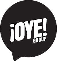Logo for OYE features white bold text reading OYE Group overlaid on a black speech bubble.