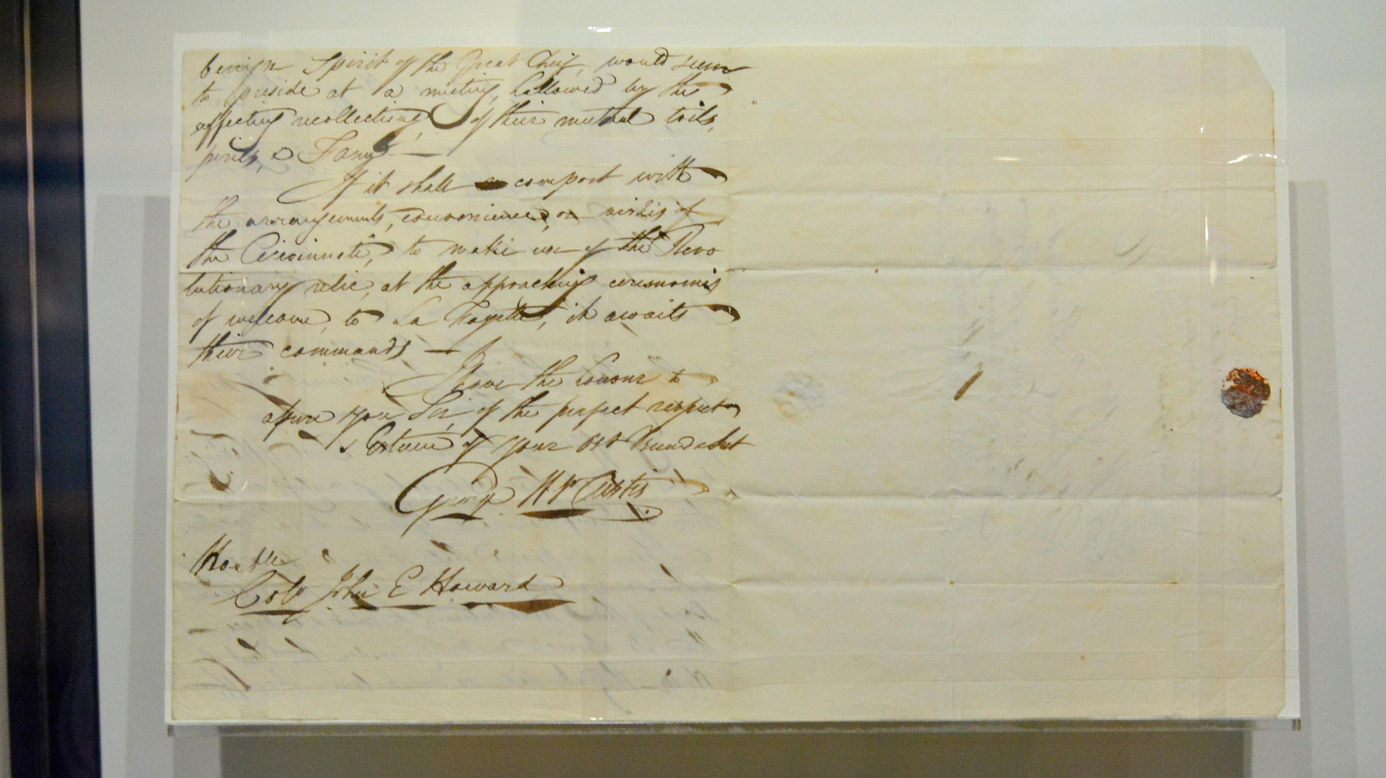 This handwritten note by George Washington Parke Custis asks to borrow George Washington's tent for the Marquis de Lafayette's trip to Baltimore.