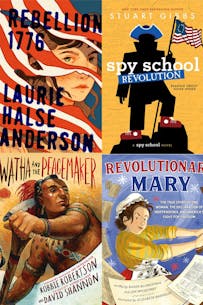 Covers of four books: Rebellion 1775, Spy School Revolution, Hiawatha and the Peacemaker, and Revolutionary Mary