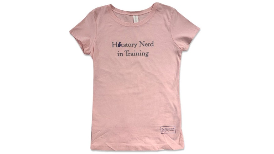 Pink youth-size t-shirt that reads history nerd in training