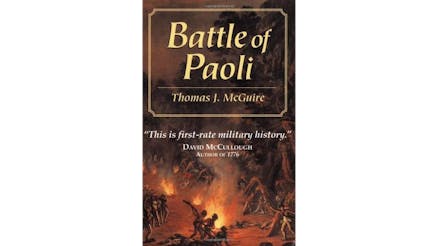 This image shows the book cover of Battle of Paoli by Thomas McGuire. It is a painting of the battle with fire and smoke filling the air.