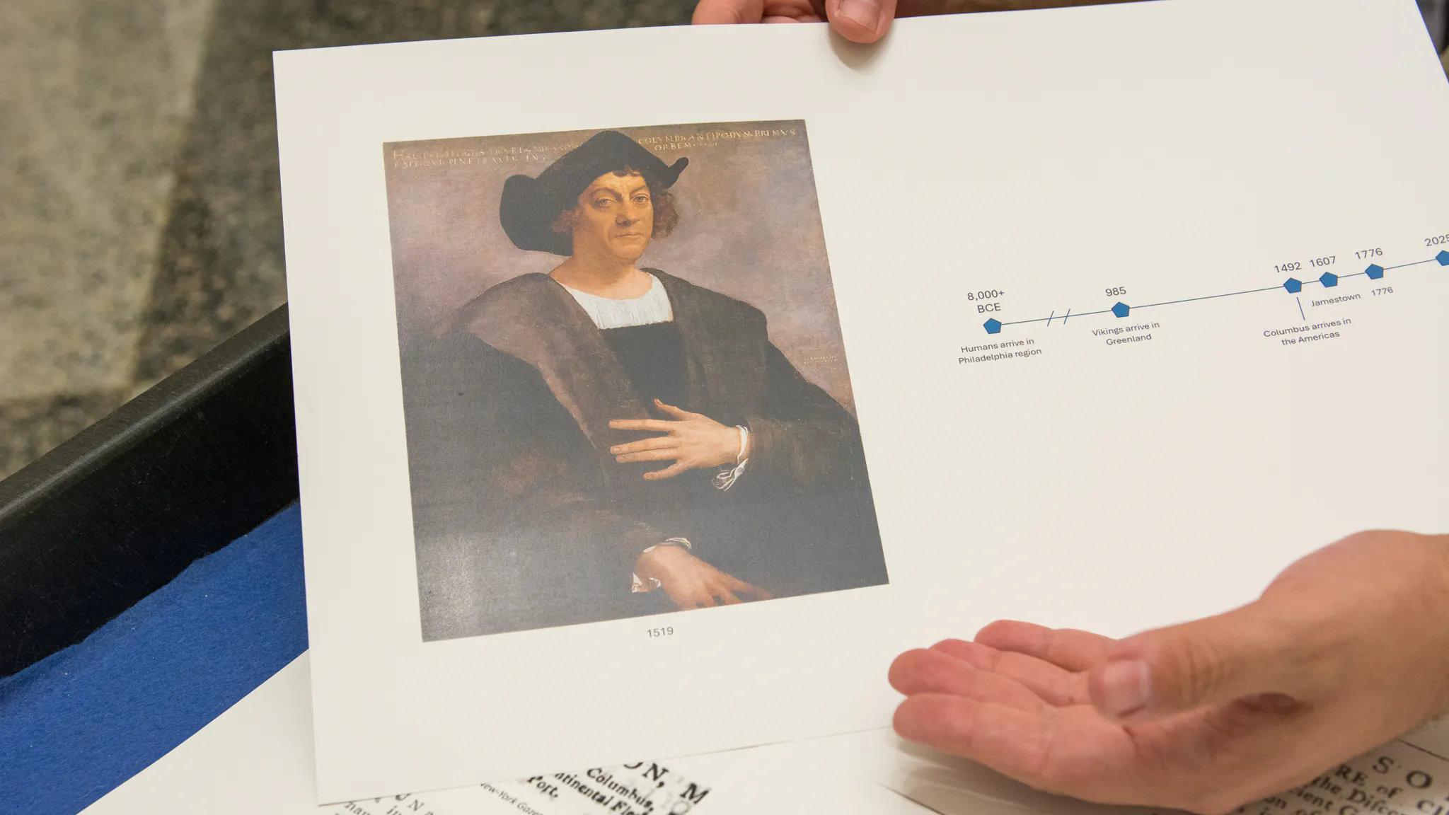 A close up of two hands holding a piece of paper featuring a painting of a white man