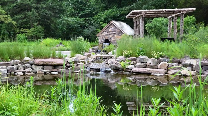 This image shows a pond lined with stones surrounded by greenery in a garden as Bowman Hill Wildflower Preserve.
