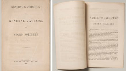 Split slide with cover page and first page of Washington and Jackson on negro soldiers book.