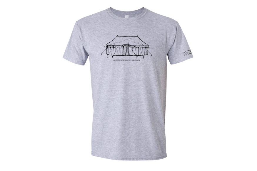 Grey t-shirt with an image of Washington's War Tent and the words Washington Slept Here.