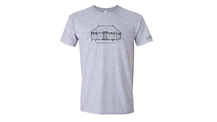 Grey t-shirt with an image of Washington's War Tent and the words Washington Slept Here.