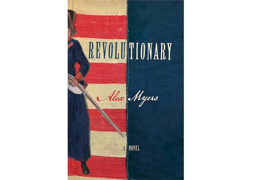 This image shows the book cover of Revolutionary by Alex Myers. The righthand side of the cover is blue, while the left-hand side is red and white striped. There is a female figure in a blue dress and black boots holding a rifle, which is pointed downward, in her left hand. Only the left side of her body is visible as the rest runs off the cover page. She is on the left side of the book cover.