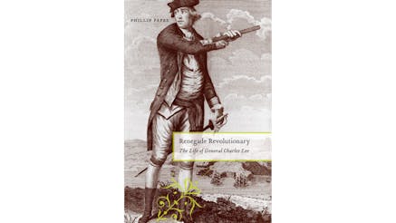 This image depicts the book cover of Renegade Revolutionary: The Life of General Charles Lee by Phillip Papas. The image is a sepia toned image of Charles Lee standing on a hillside. In the background is a body of water and hills. Charles is standing with his body facing the viewer. He is looking over his right over his right should. His left hand rests on the hilt of his sword and he has a stick in his right hand pointing outward toward the body of water.