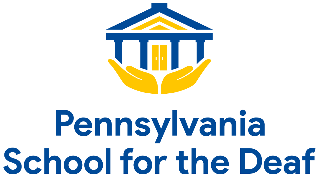 This image shows a blue house outline held up by two yellow hands with the text Pennsylvania School for the Deaf in blue beneath it.