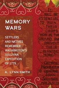 This image shows the book cover for the book Memory Wars with a red background textured with Native American symbols and the book title and author name in white font to the left side.