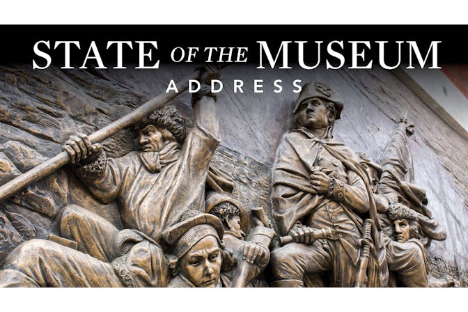 State of the Museum Address in white font above an image of the bronze bas relief depicting Washington crossing the Delaware.