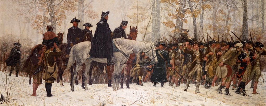 Framed painting of weary soldiers on foot and officers on horseback in a barren winter landscape