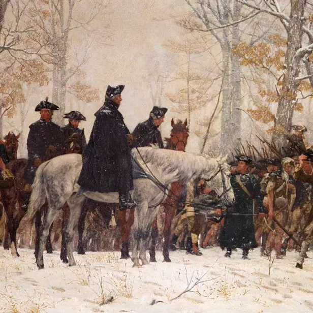 Framed painting of weary soldiers on foot and officers on horseback in a barren winter landscape