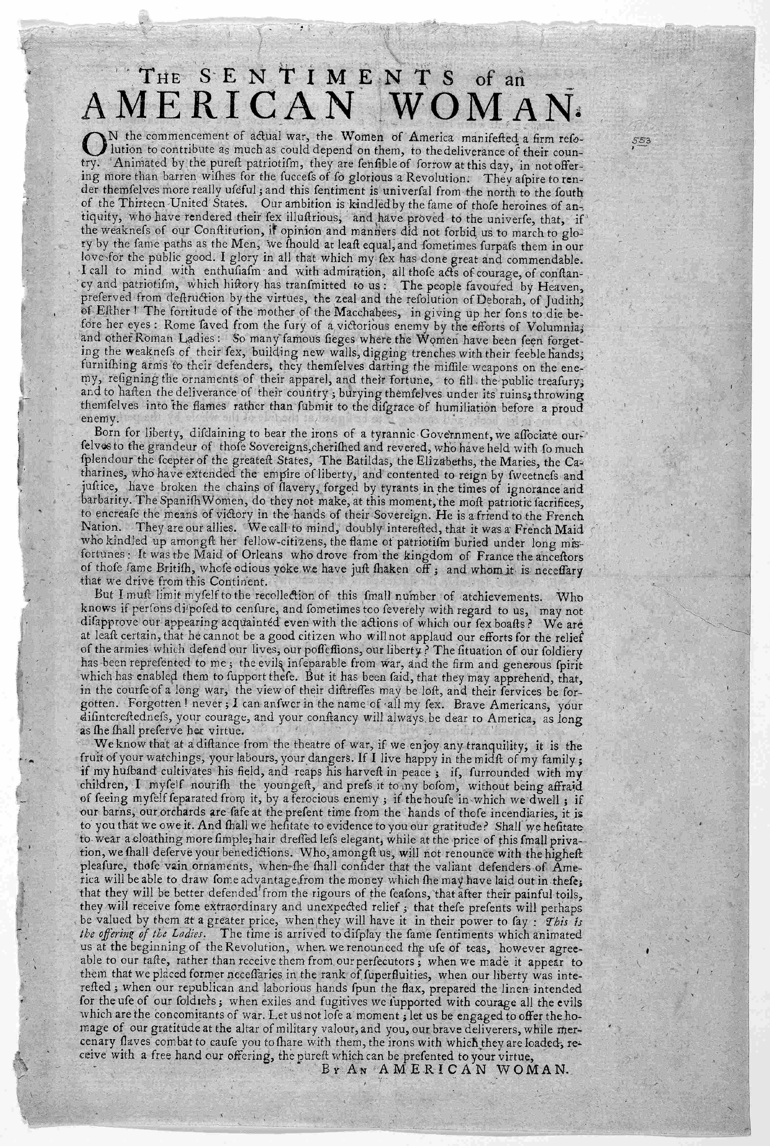 Photo of "Sentiments of an American Woman" broadside.