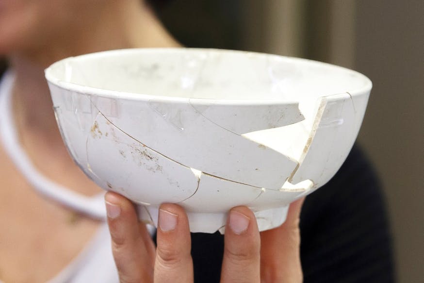 This image shows a Philadelphia Porcelain Punch Bowl. The bowl is slightly broken and was found during an archaeological excavation during the Museum’s construction.