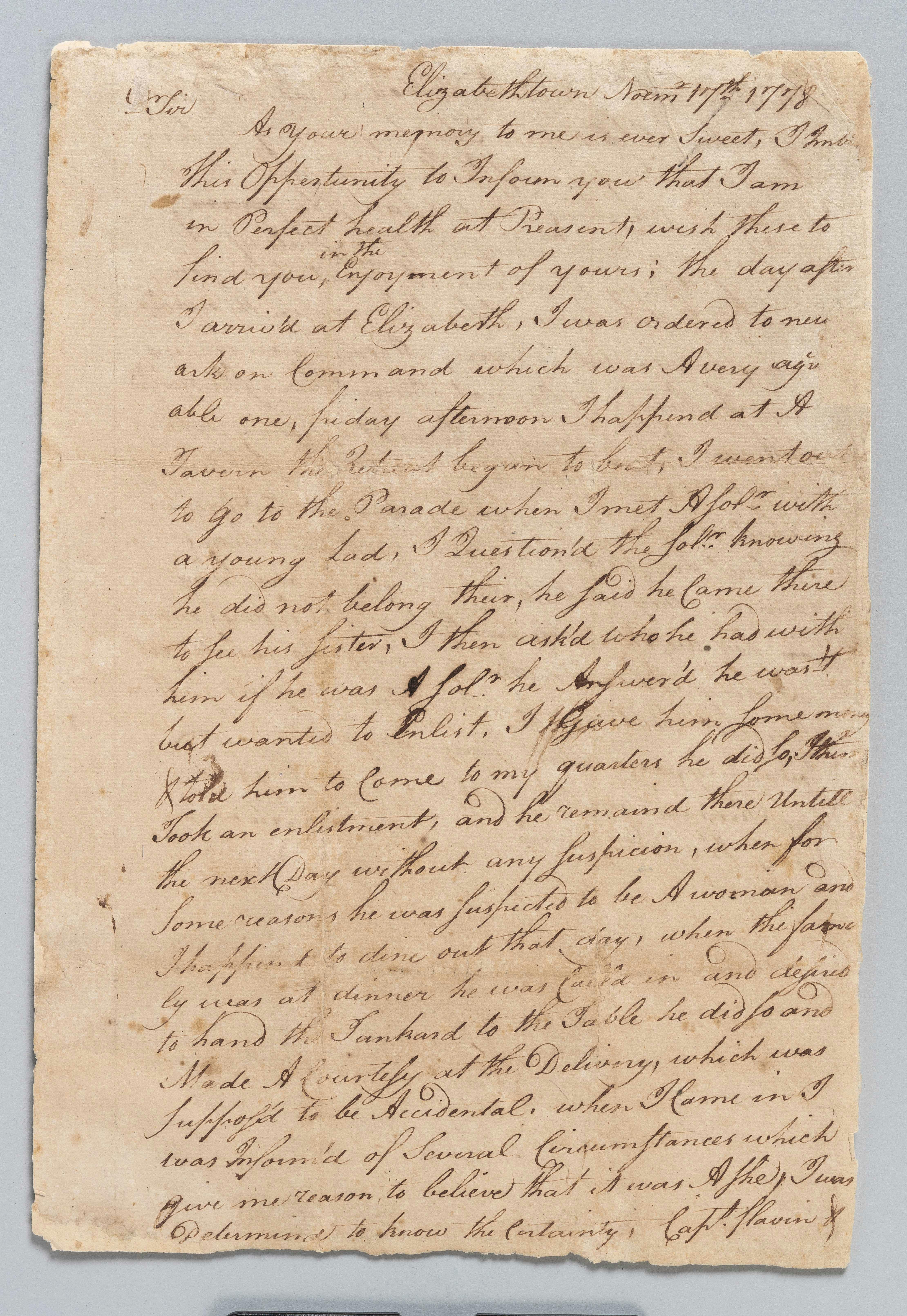 Letter by William Barton on female soldier discovery in Elizabethtown, NJ.
