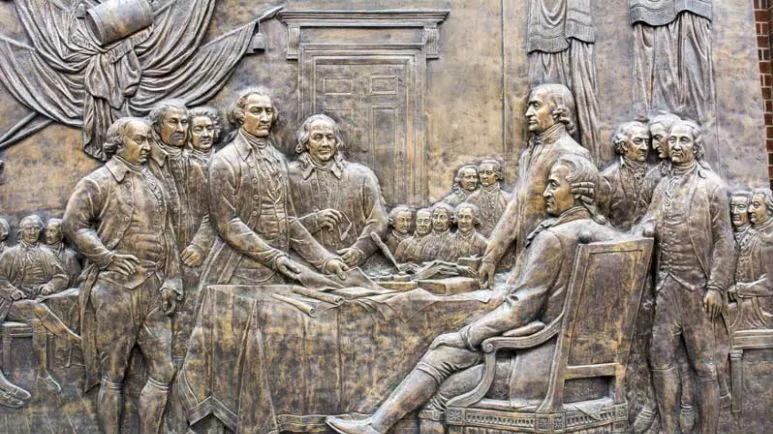 A photo of an angraving of John Trumbull's "Declaration of Independence"